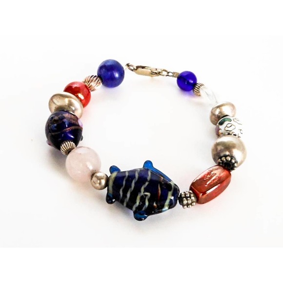 Vintage Sterling Silver Fish Charm Bracelet – Glass & Quartz 7" - Picture 4 of 5